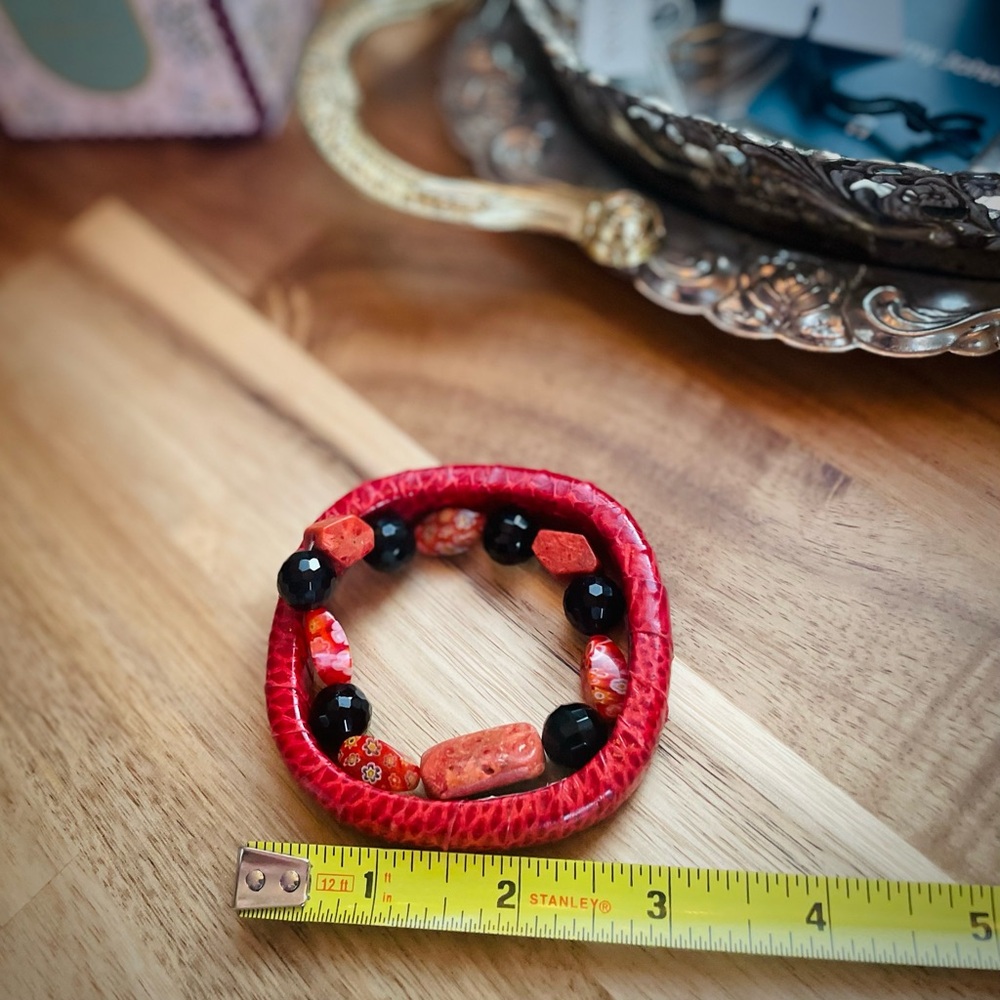 Red Genuine Snakeskin Lightweight Square Bracelet + Beaded Bracelet Set Lot of 2